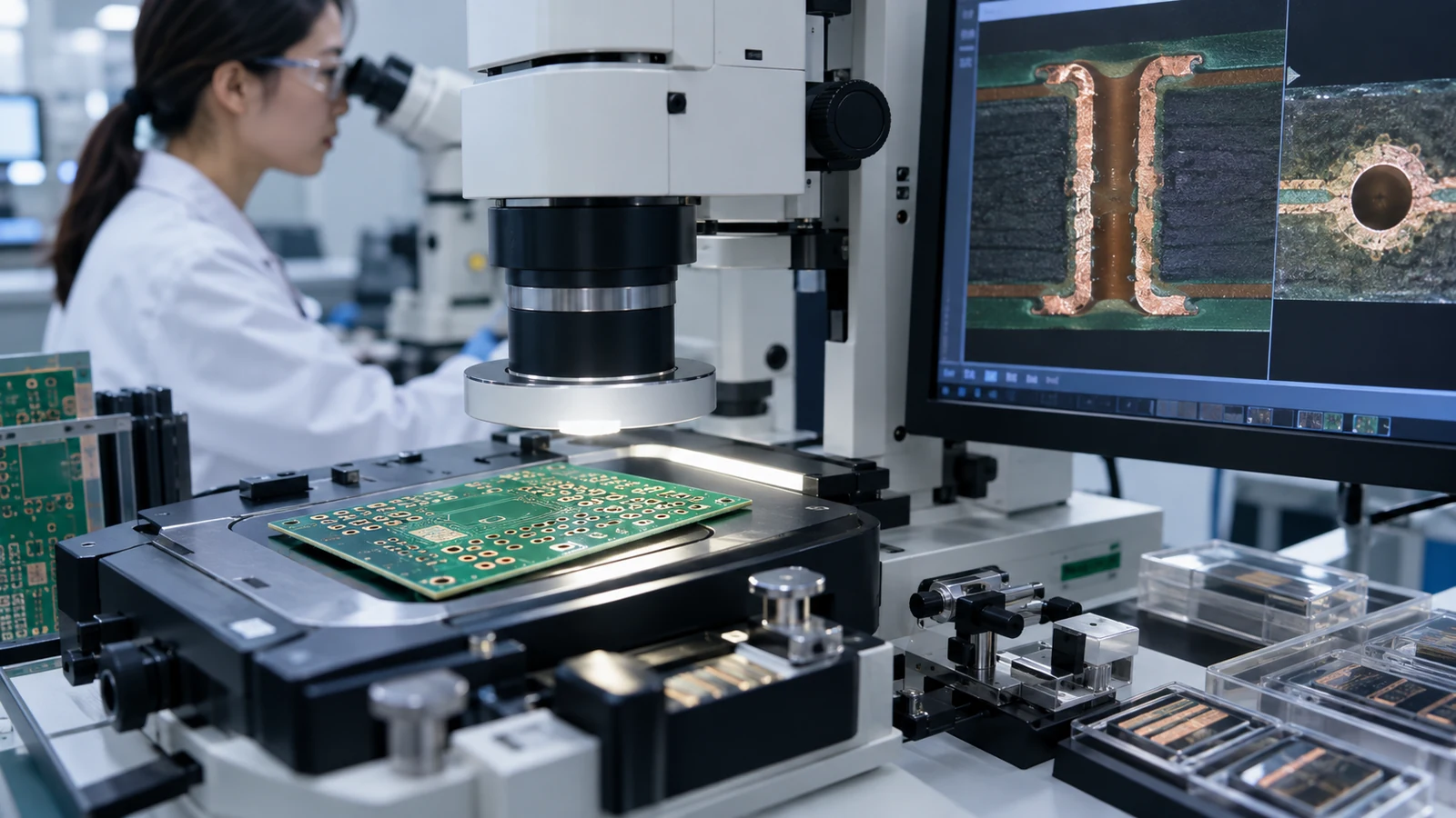 현미경으로 PCB 도금과 홀 단면을 검사하는 품질 연구실